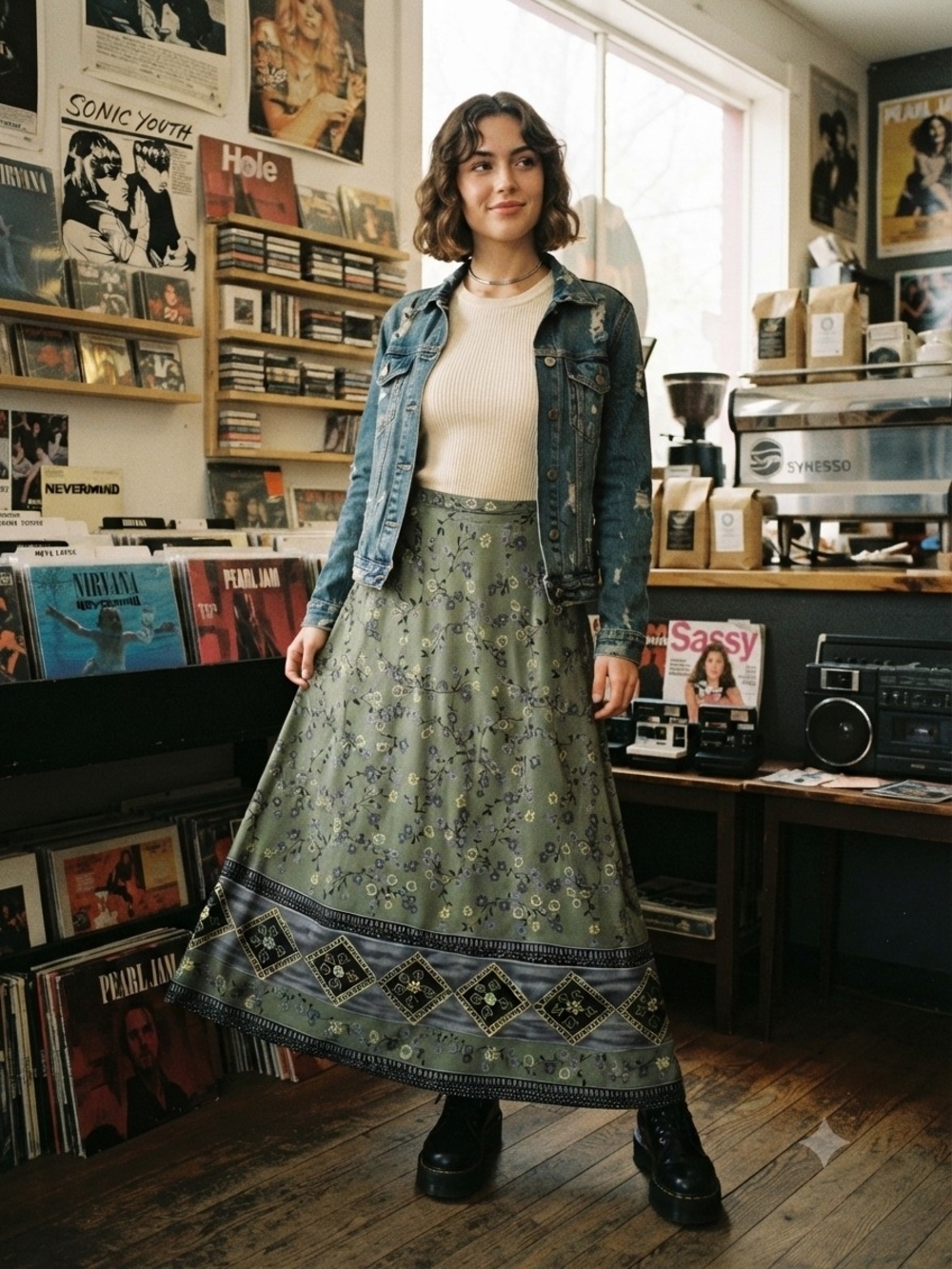 vintage Green Floral Maxi Skirt with Patterned Hem